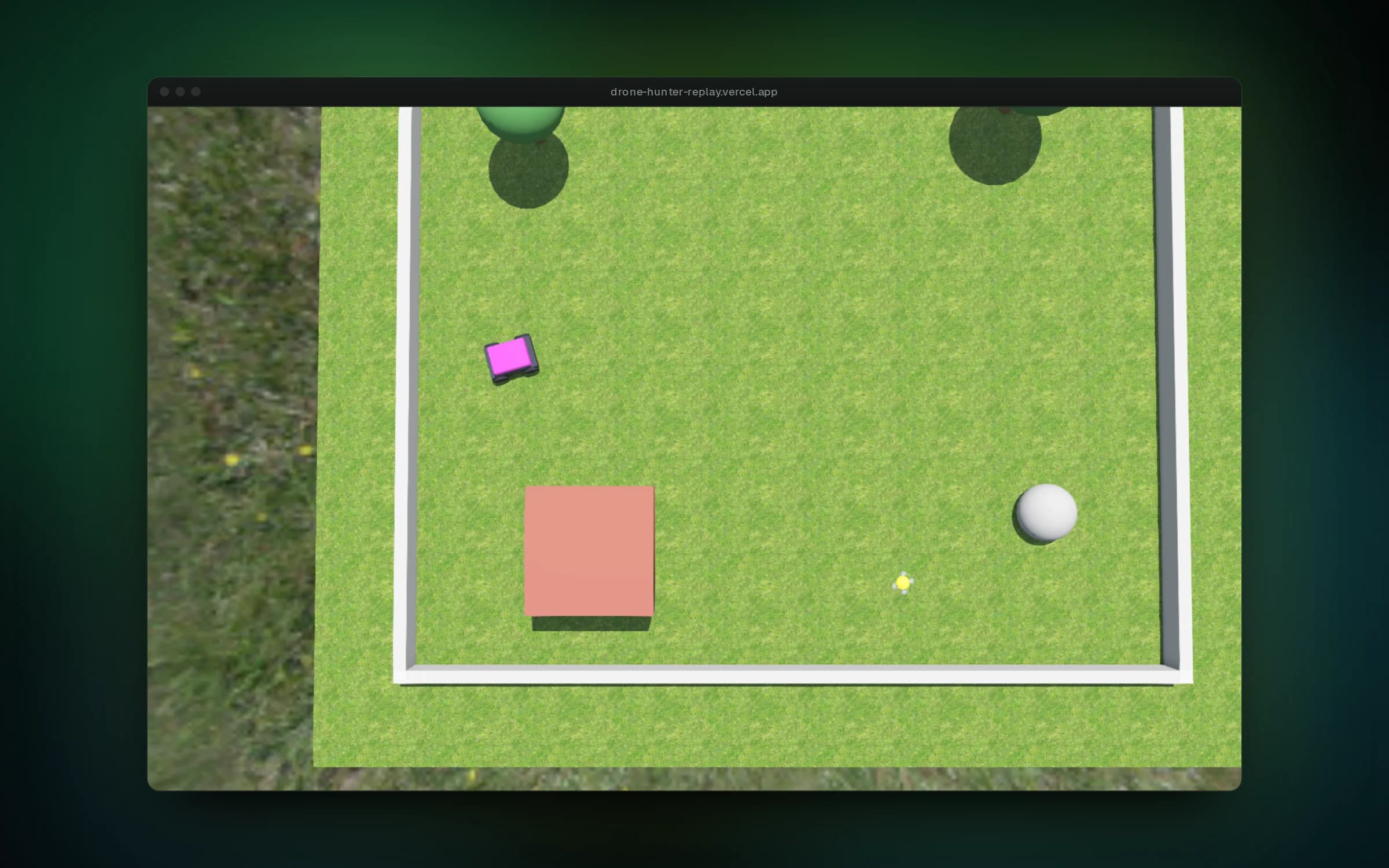 Top view of the walled arena, the rover and the drone