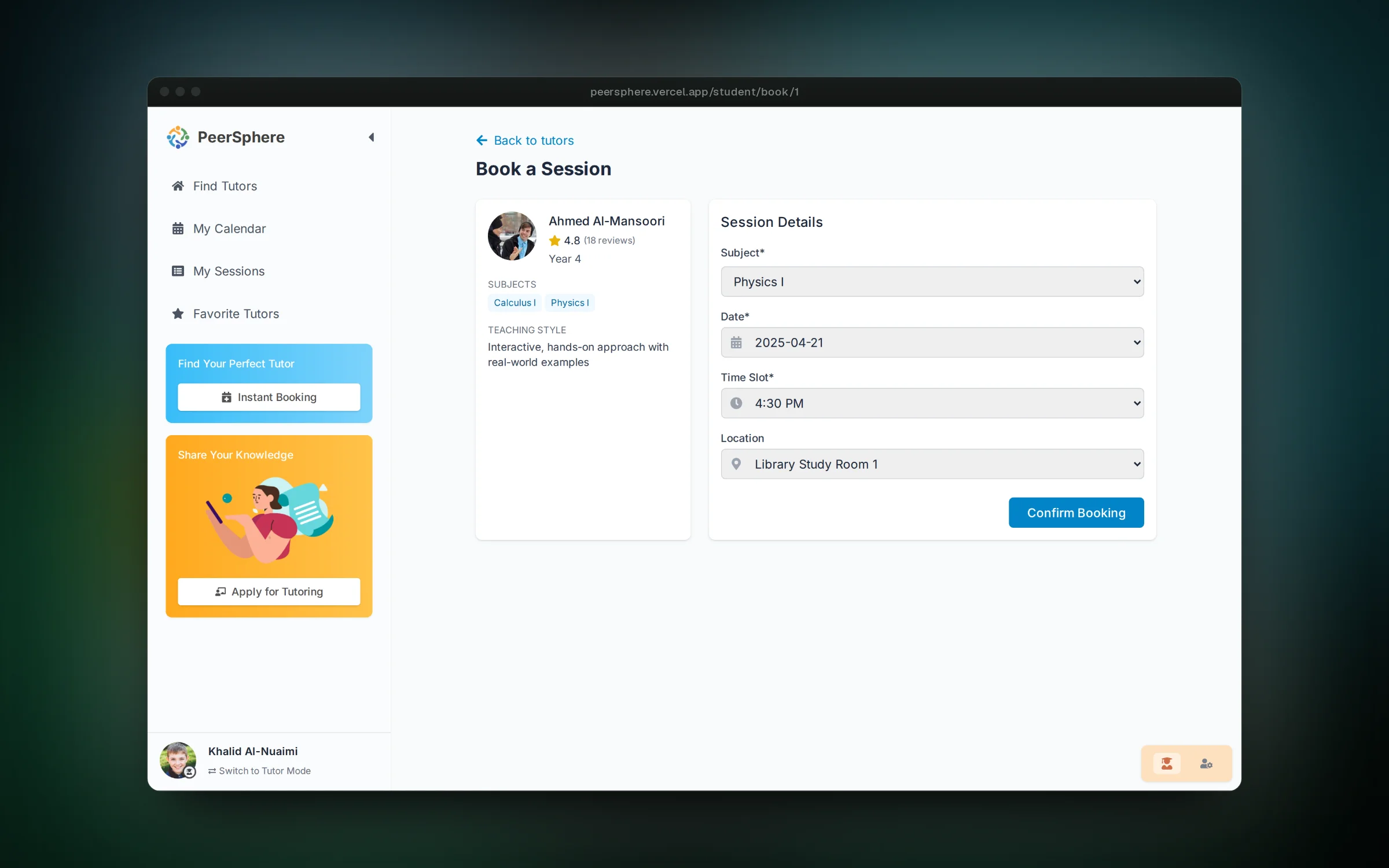 Booking a session with subject, date, time and place