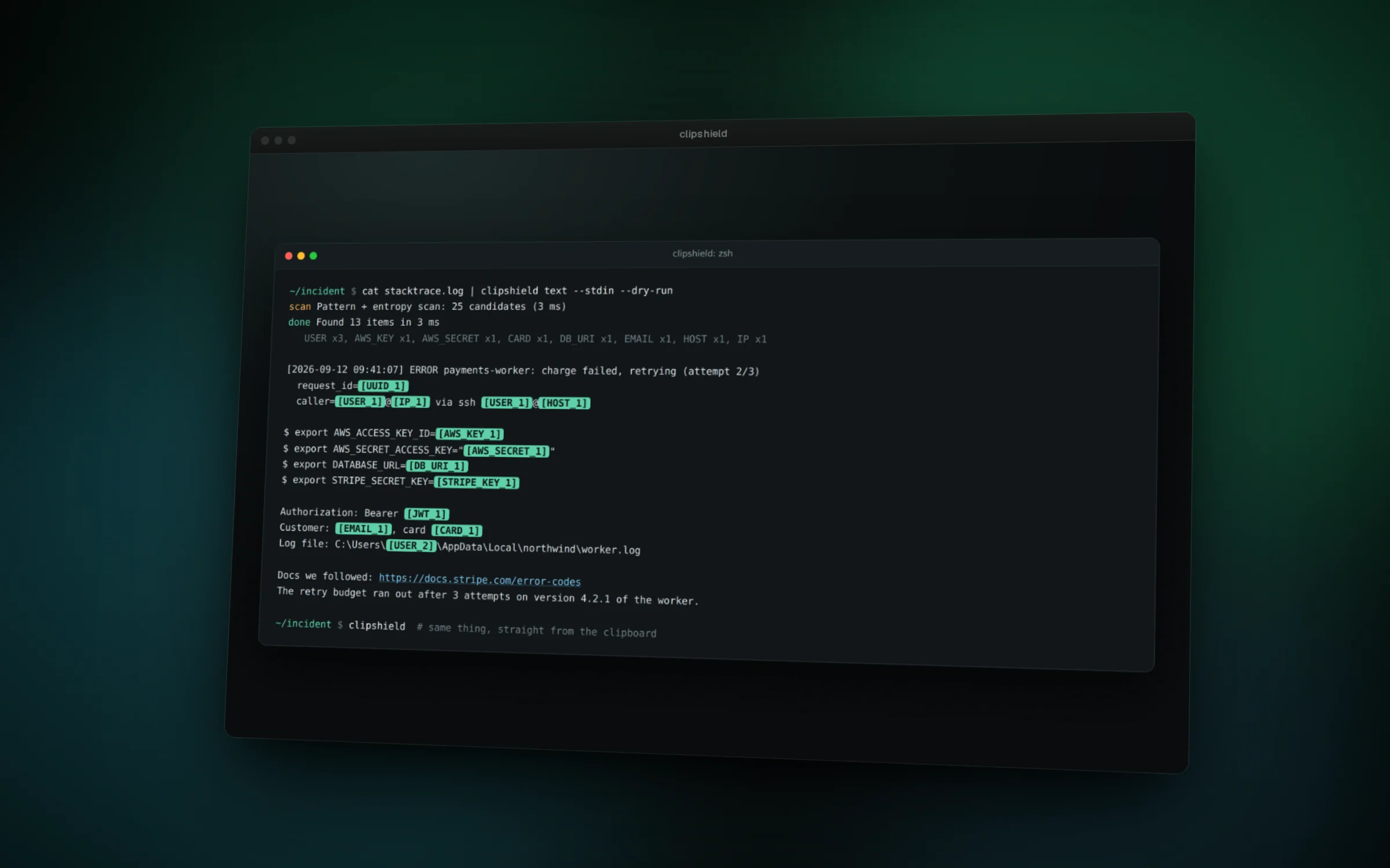 One command redacts a stack trace in a few milliseconds