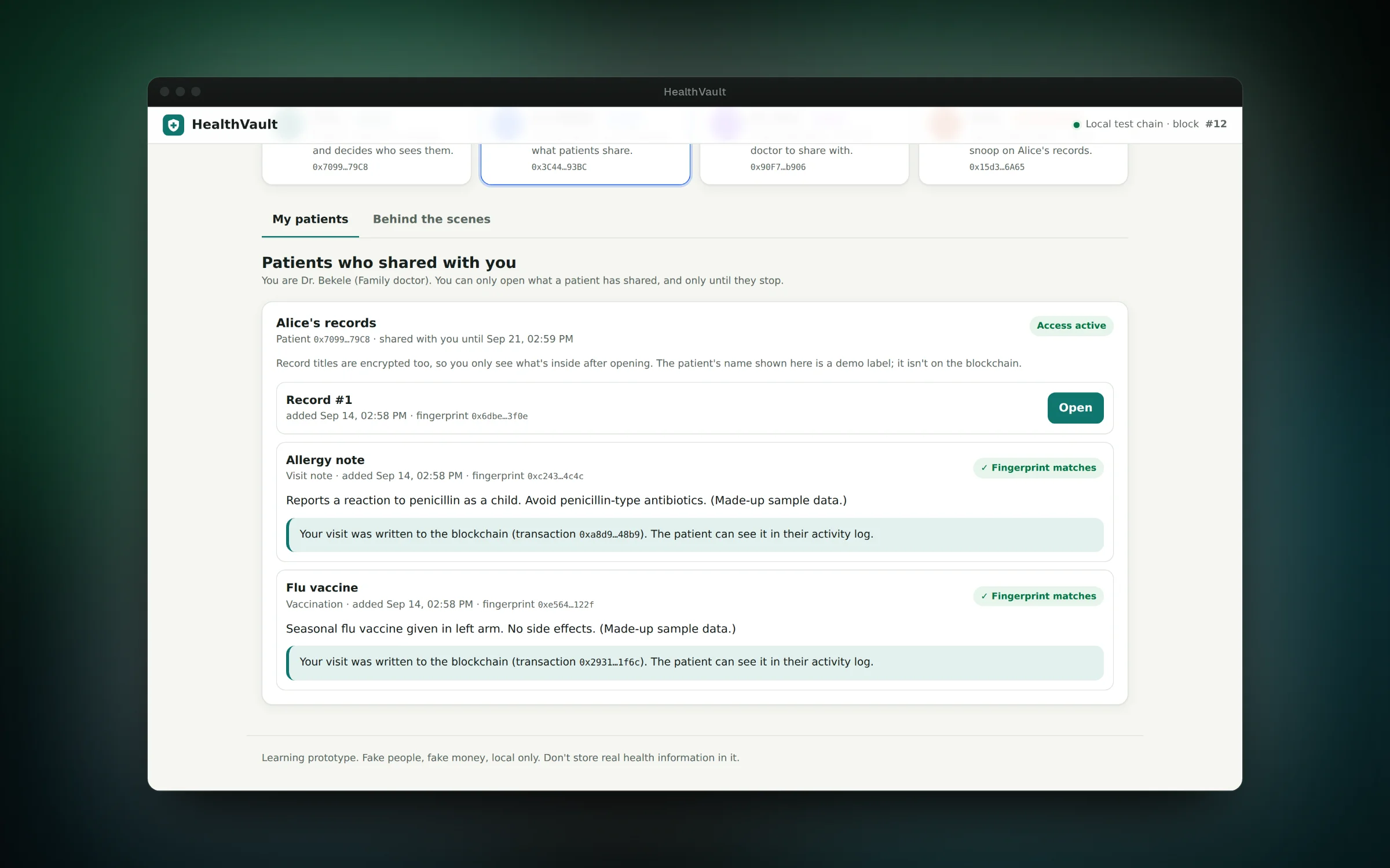 A doctor opens shared records, and each visit is written to the blockchain