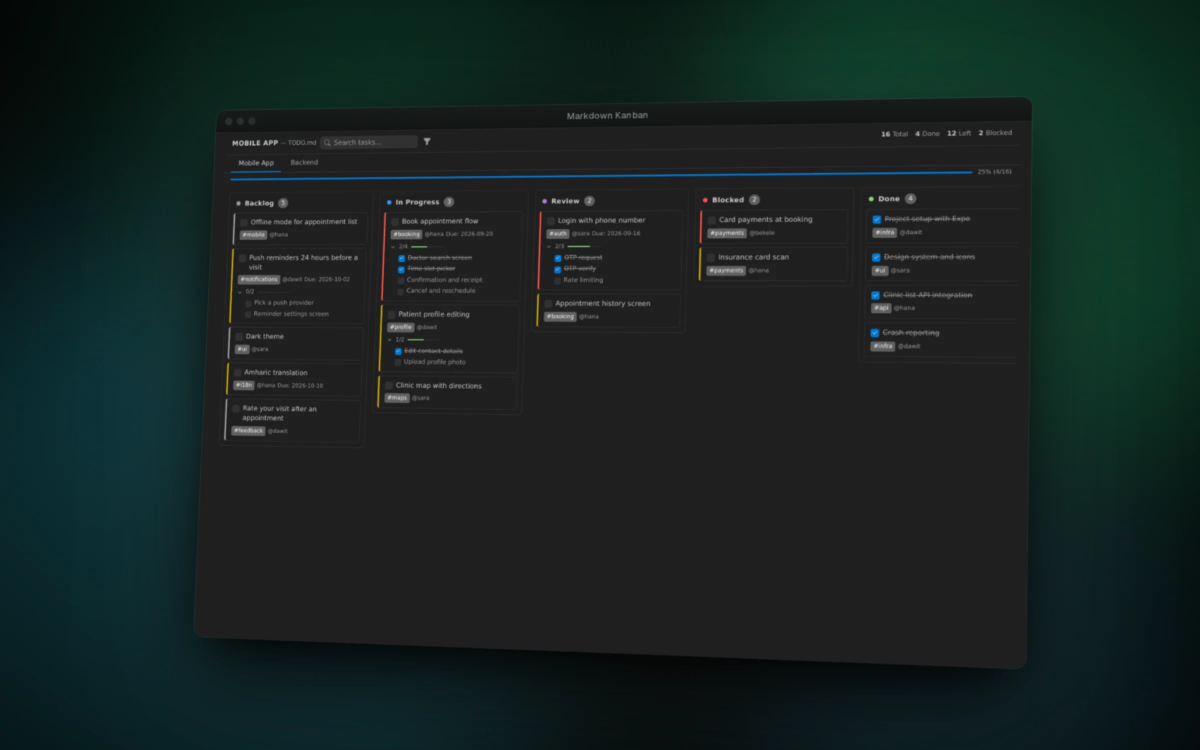 Headings become columns, checklists become cards with subtasks