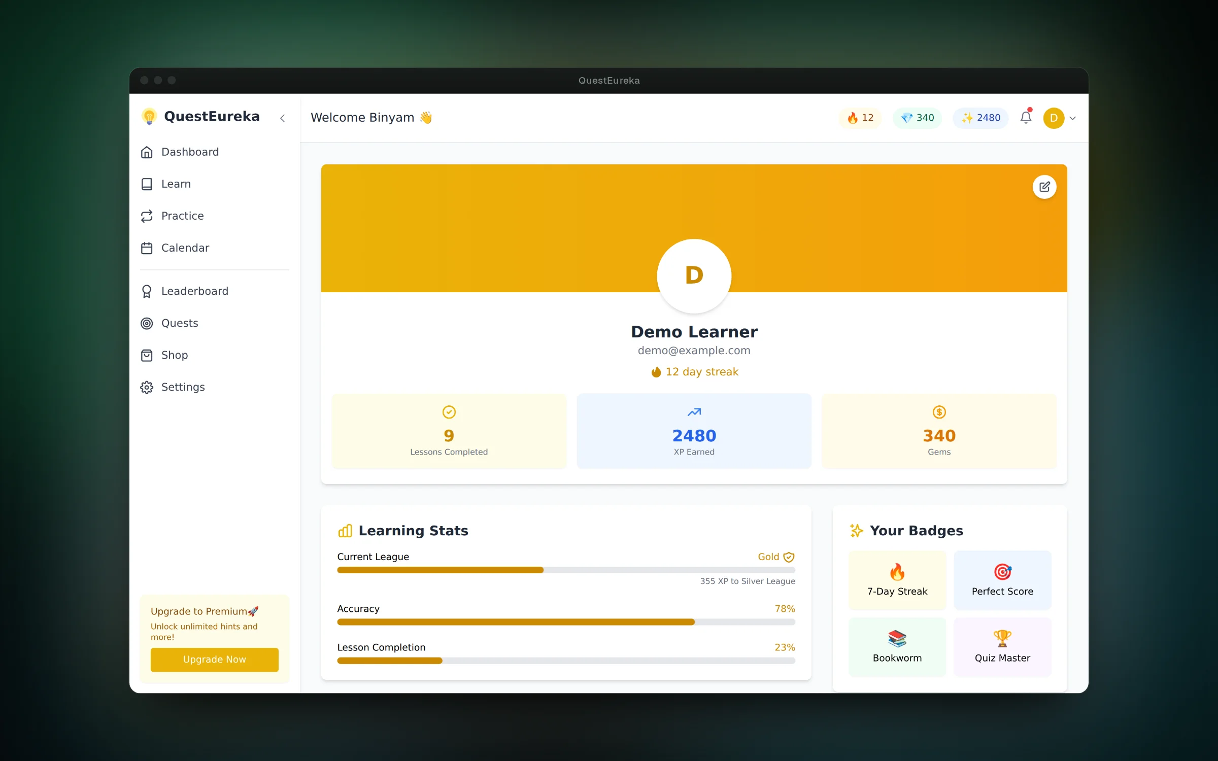 Streaks, XP, gems and badges in one profile