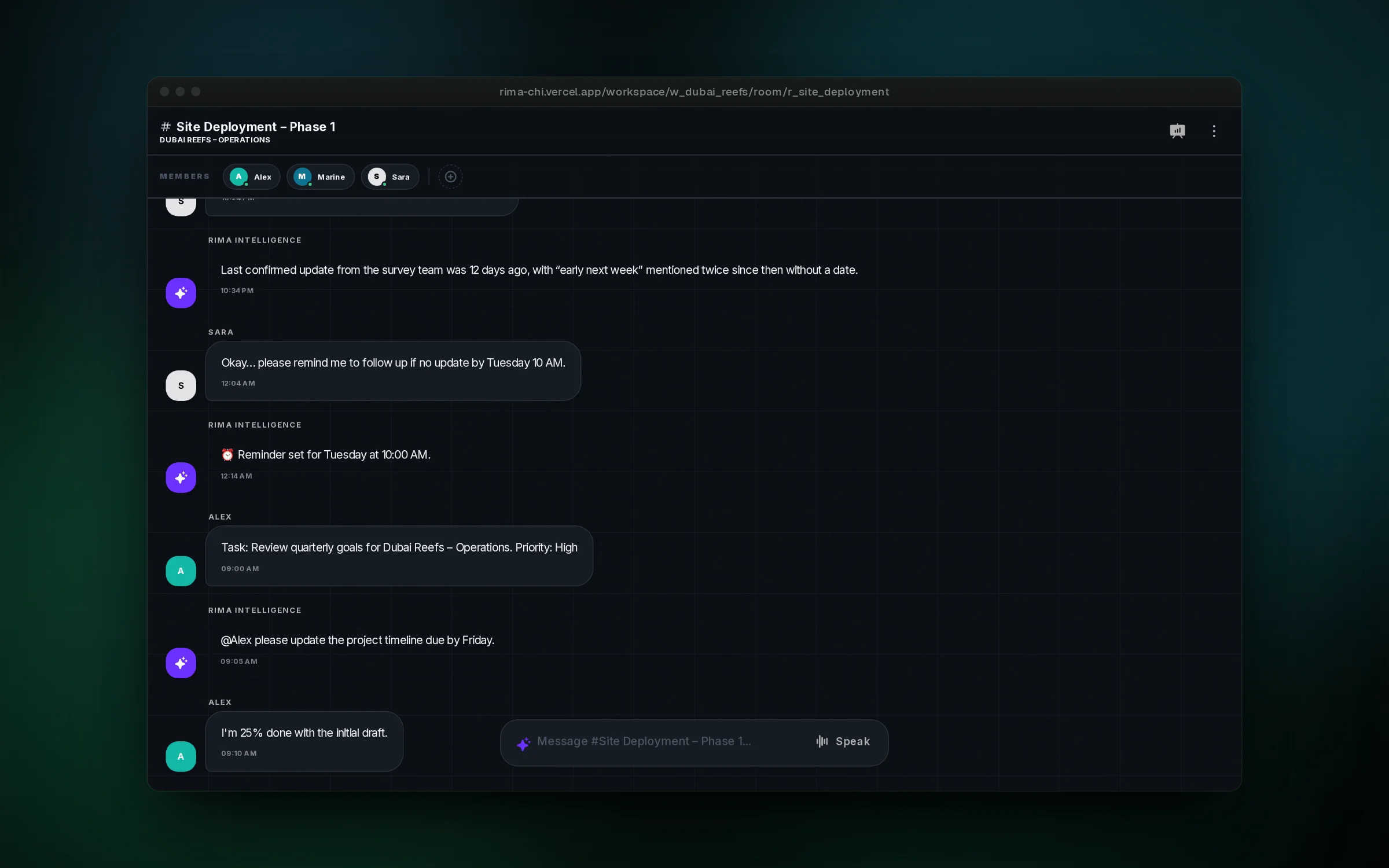 Focused rooms keep one project's decisions and follow-ups together